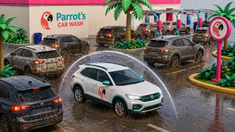 A protected Parrot's car staying clean in the rain while other cars get muddy