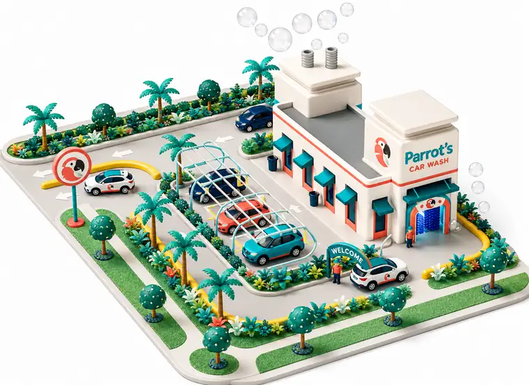 Aerial view of a Parrot's Car Wash site with covered vacuum bays
