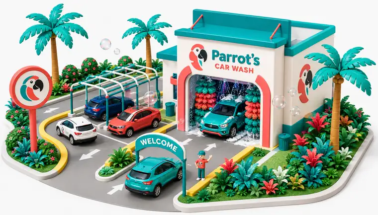 The front of a Parrot's Car Wash with cars entering the tunnel